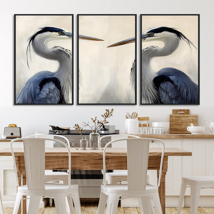 Blue Heron Pair Wall Art Canvas Print, Coastal Bird Theme Print, Framed Tranquil Wildlife Scene Art Print, Large Nature Inspired Decor Printing