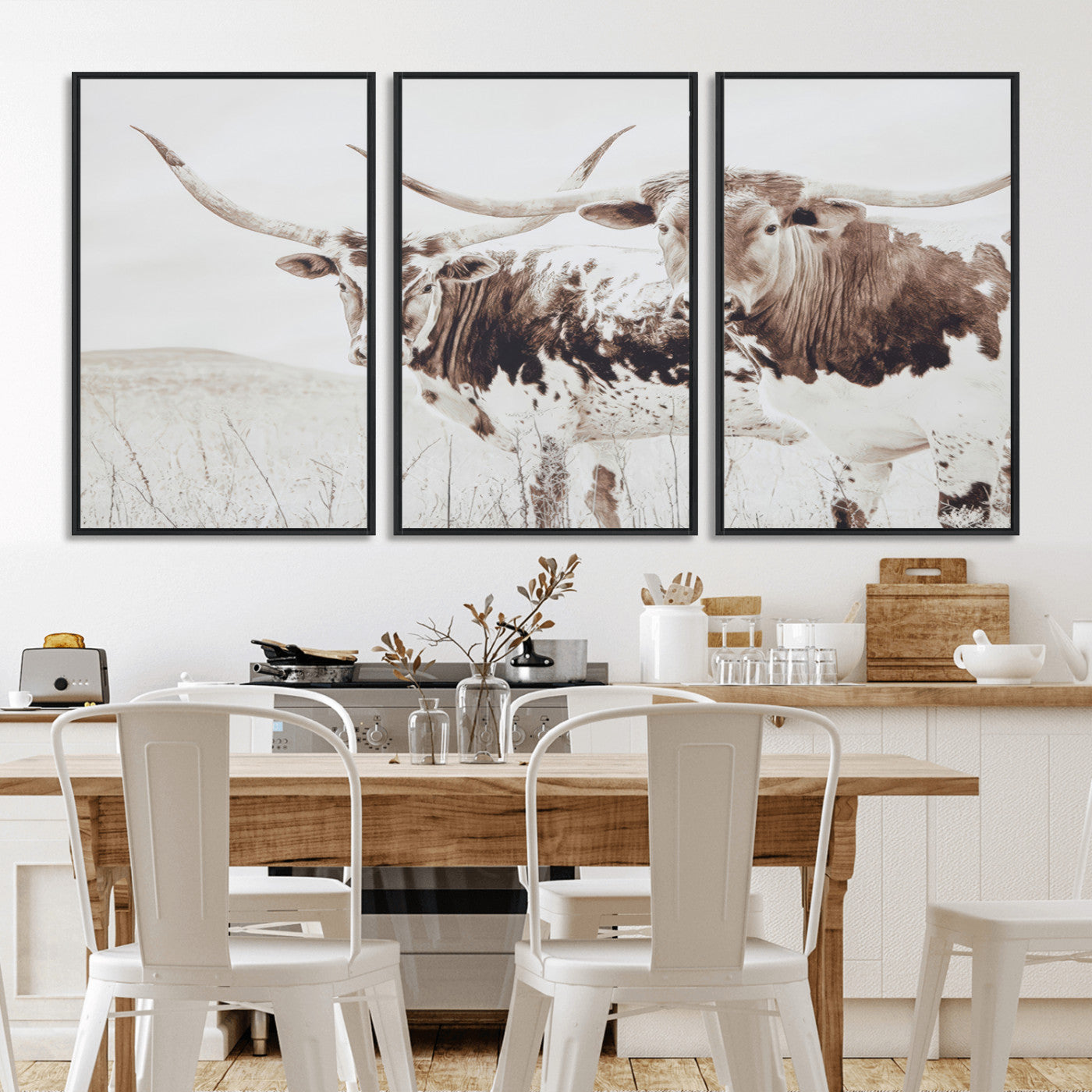 MGV-FC-60X30-3P - Longhorn Wall Art Wall Art Canvas Print, Framed Western Cow Canvas Art Picture Print, Rustic Farm Decor Perfect Rustic Farmhouse Decor Artwork