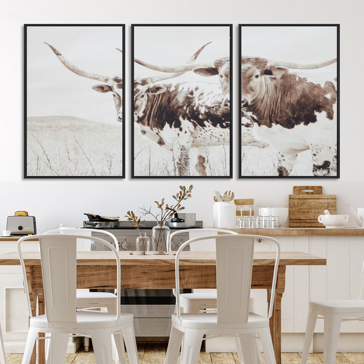 Longhorn Wall Art Wall Art Canvas Print, Western Cow Canvas Print, Framed Rustic Farm Decor Art Print, Large Neutral Animal Scene Printing