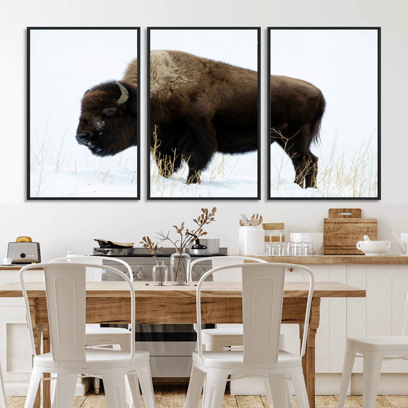 MGV-FC-60X30-3P - Bison Photography Wall Art Canvas Print, Framed Western Wildlife Art Picture Print, Buffalo On Snow Perfect Western Decor Artwork
