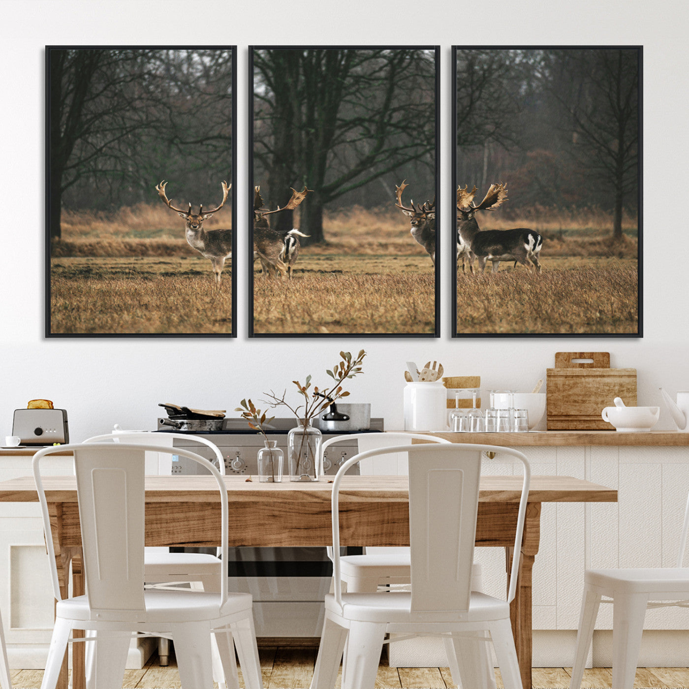 55348744-MGV-FC-60X30-3P_Black-Deer Photography Wall Art Canvas Print, Framed Rustic Wildlife Art Picture, Rustic Deer Wall Art Print