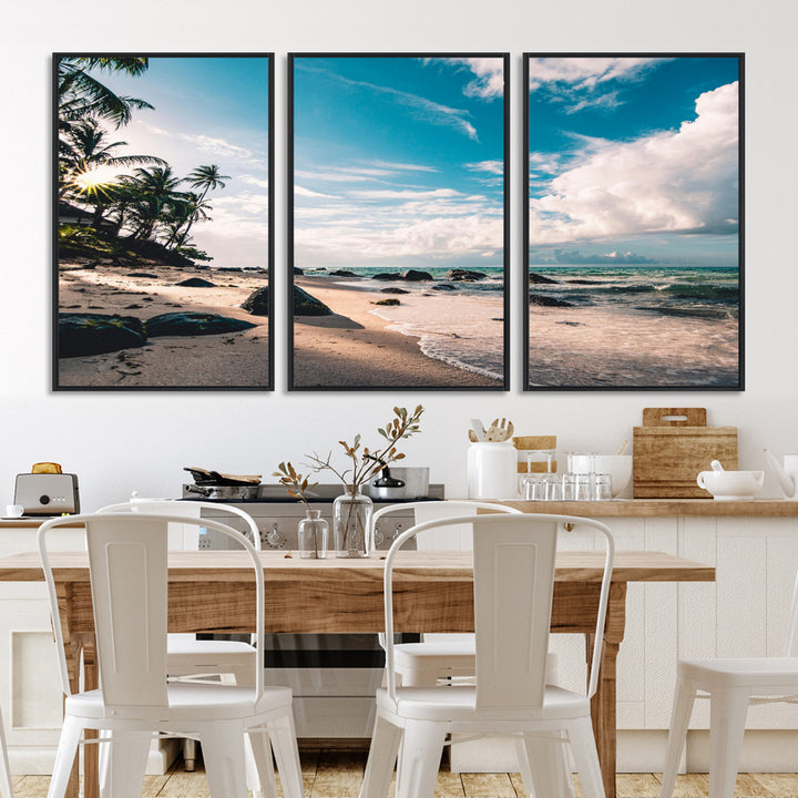 Tropical Beach Wall Art Canvas Print, Framed Ocean Waves Art Picture Print, Relaxing Seascape Perfect Tropical Coastal Decor Artwork