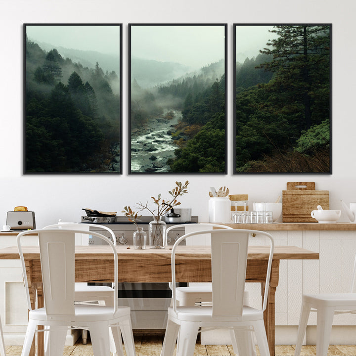 Misty Forest Wall Art Canvas Print, Framed Foggy River Art Picture Print, Moody Landscape Perfect Wilderness Decor Artwork