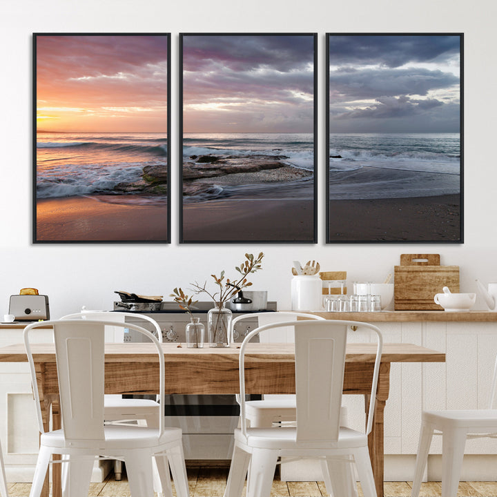 Golden Hour Wall Art Canvas Print, Framed Tranquil Waves Art Picture Print, Beach Perfect Coastal Serenity Decor Artwork