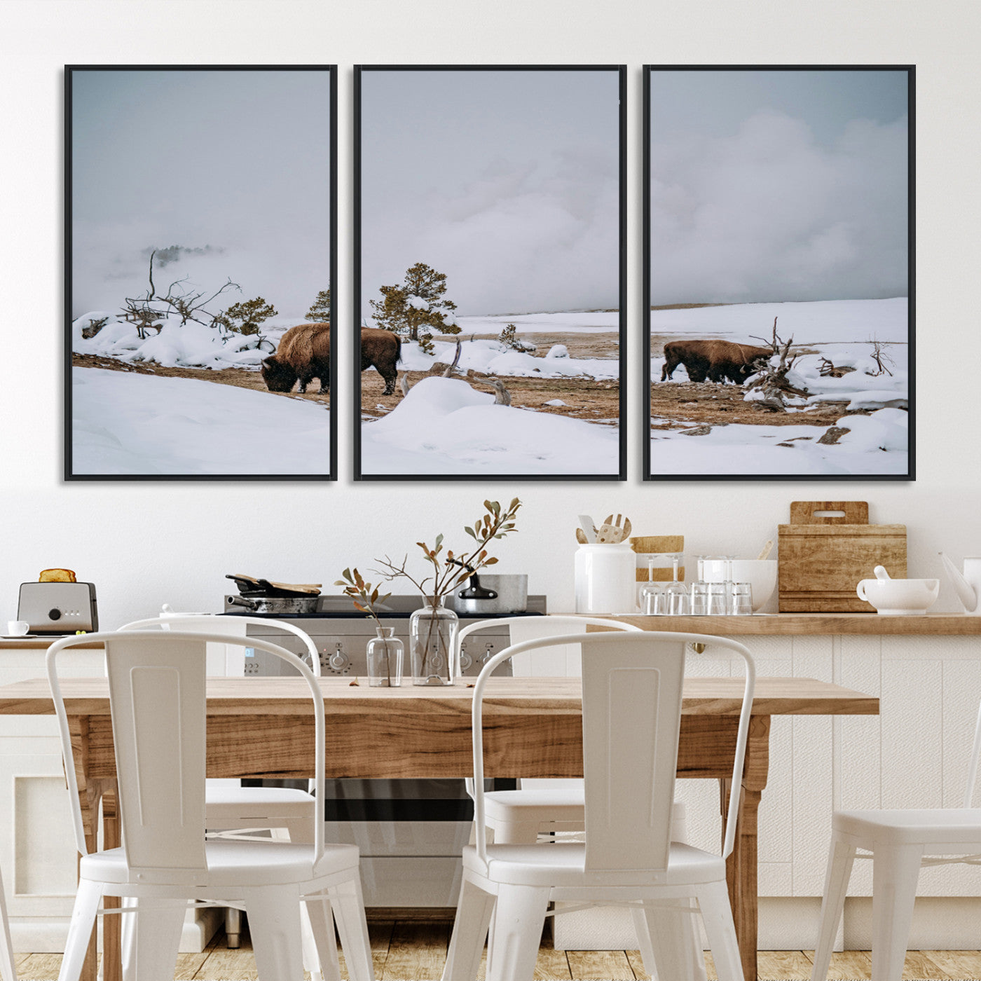 60308289-MGV-FC-60X30-3P_Black-Bison Wildlife Wall Art Canvas Print, Framed Snowy Prairie Art Picture Print, Western Perfect Rustic Decor Artwork