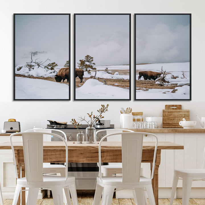 Bison Wildlife Wall Art Canvas Print, Framed Snowy Prairie Art Picture Print, Western Perfect Rustic Decor Artwork