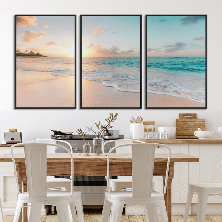 Beach Sunset Wall Art Canvas Print, Framed Ocean Waves Art Picture Print, Summer Escape Perfect Coastal Decor Artwork