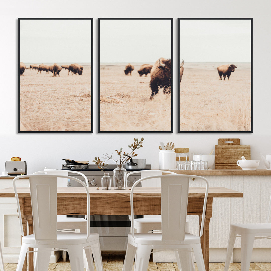 Bison Herd Wall Art Canvas Print, Framed Western Art Picture Print, Prairie Serenity Perfect Ranch Decor Artwork
