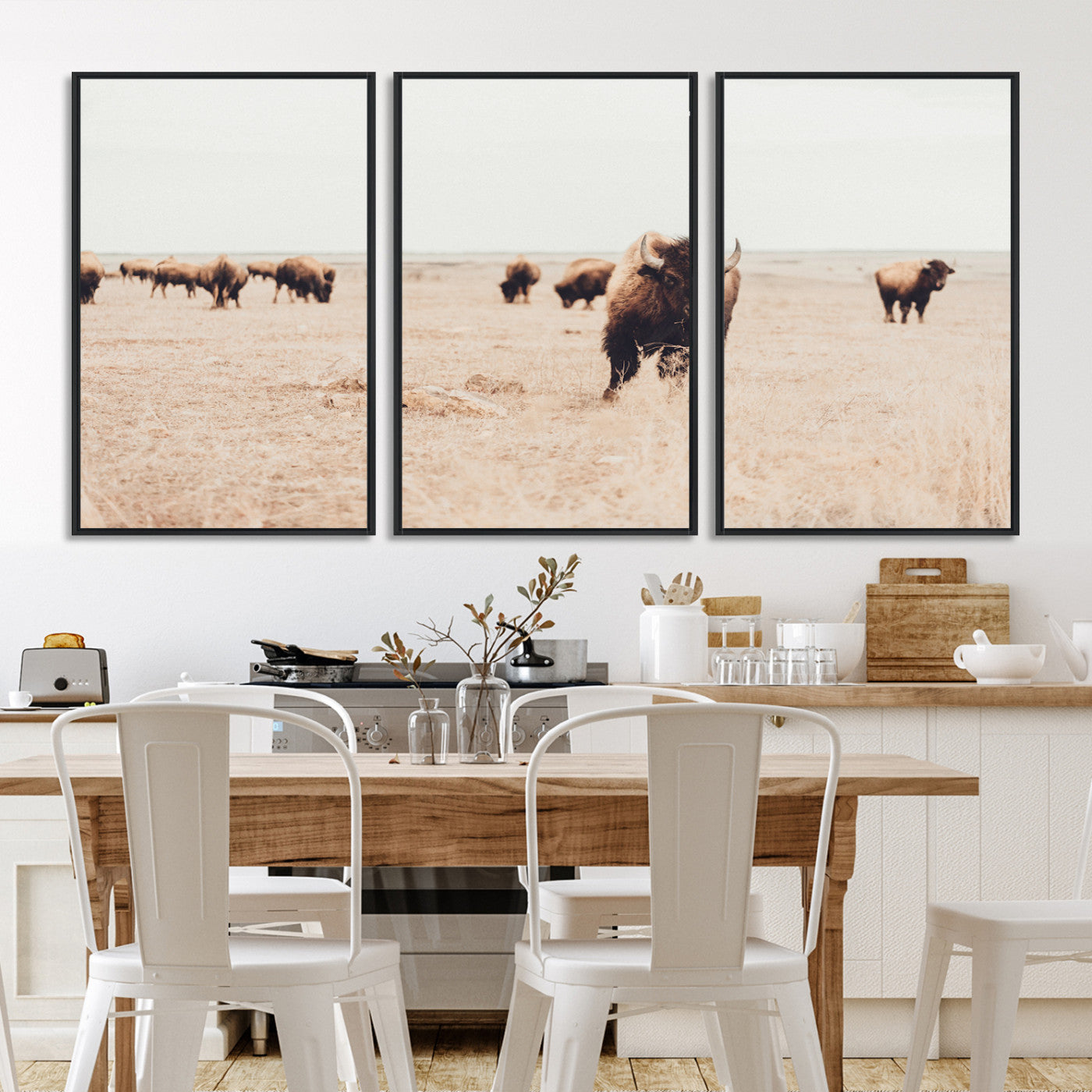 61367865-MGV-FC-60X30-3P_Black-Bison Herd Wall Art Canvas Print, Framed Western Art Picture Print, Prairie Serenity Perfect Ranch Decor Artwork