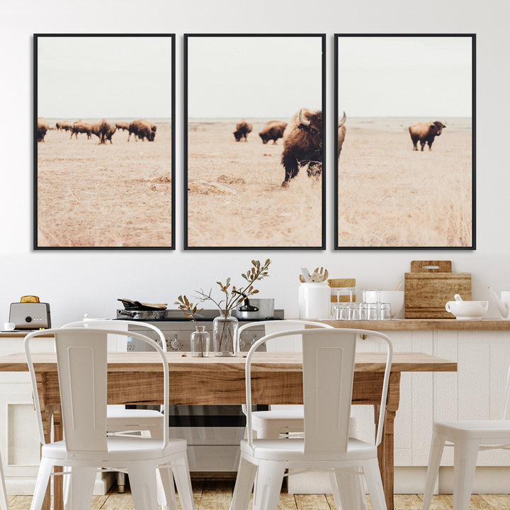 Bison Herd Wall Art Canvas Print, Framed Western Art Picture Print, Prairie Serenity Perfect Ranch Decor Artwork