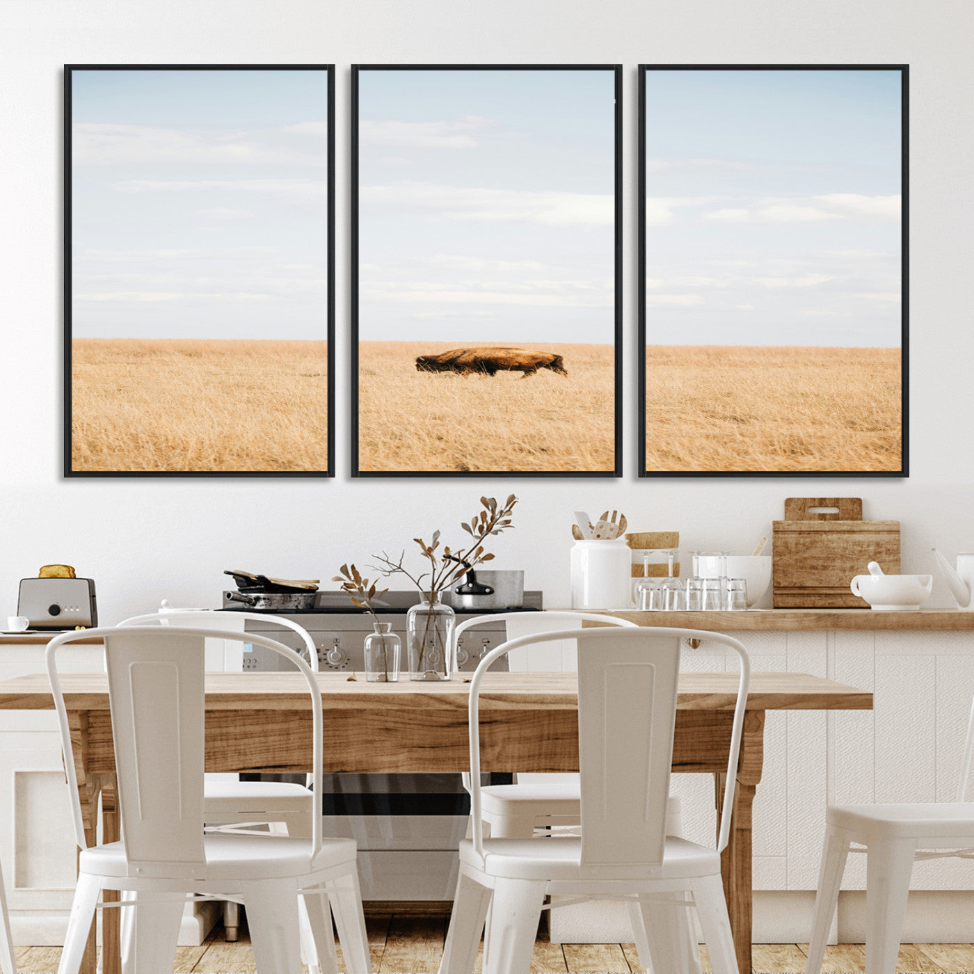 MGV-FC-60X30-3P - Minimalist Nature Wall Art Canvas Print, Framed Bison In Grassland Art Picture Print, Open Field Perfect Modern Ranch Decor Decor Artwork