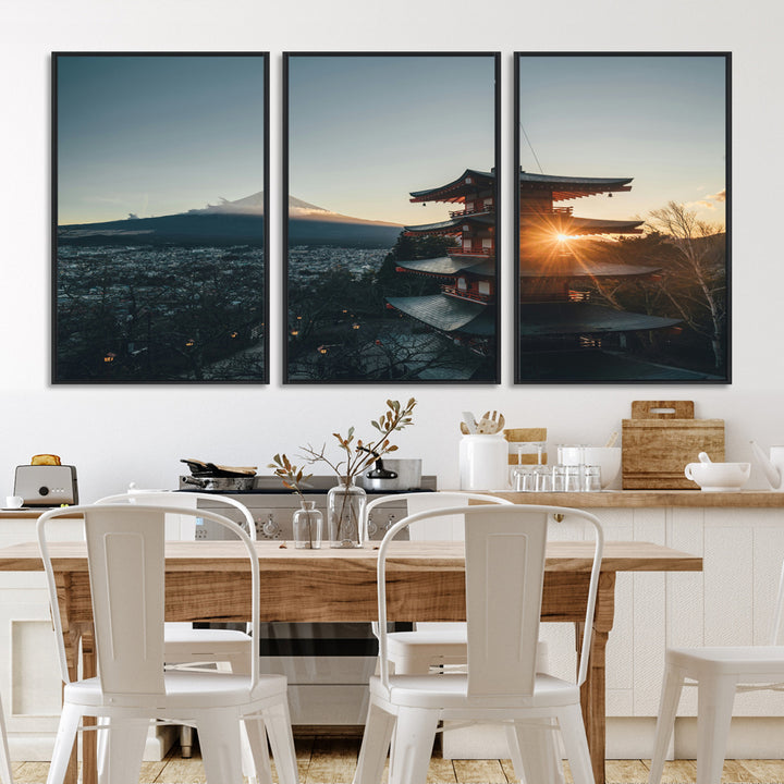 Chureito Pagoda at sunset with Mount Fuji in the background, city lights below, and golden sun rays, ideal for Japanese-inspired wall art.