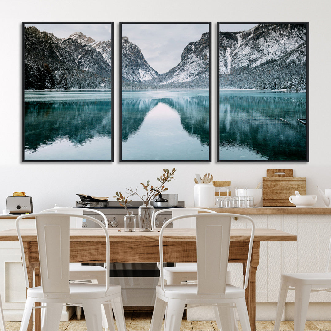 Mountain Lake Wall Art Canvas Print, Framed Wonderland Art Picture Print, Snowy Peaks Perfect Nature Decor Artwork