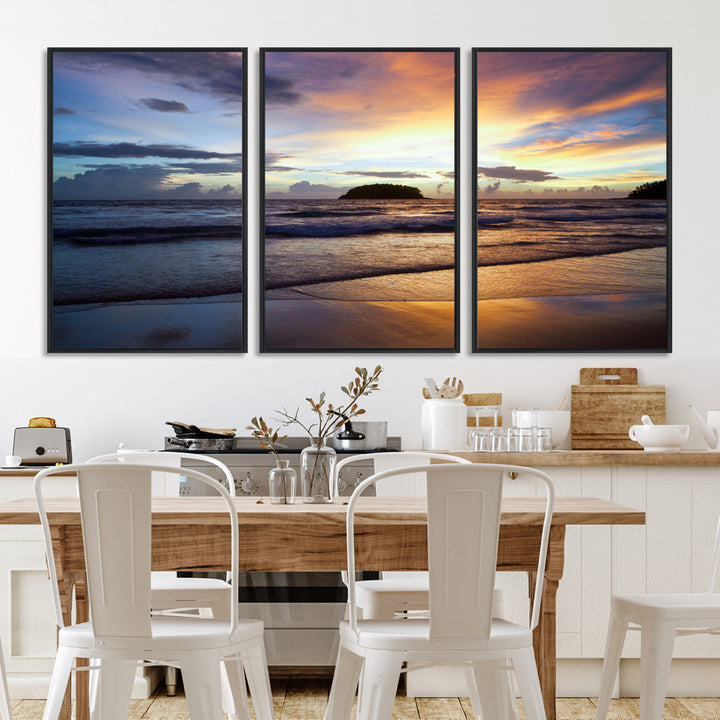 A tropical beach at sunset with waves gently washing ashore, reflecting golden and purple hues in the sky, creating a tranquil coastal scene.
