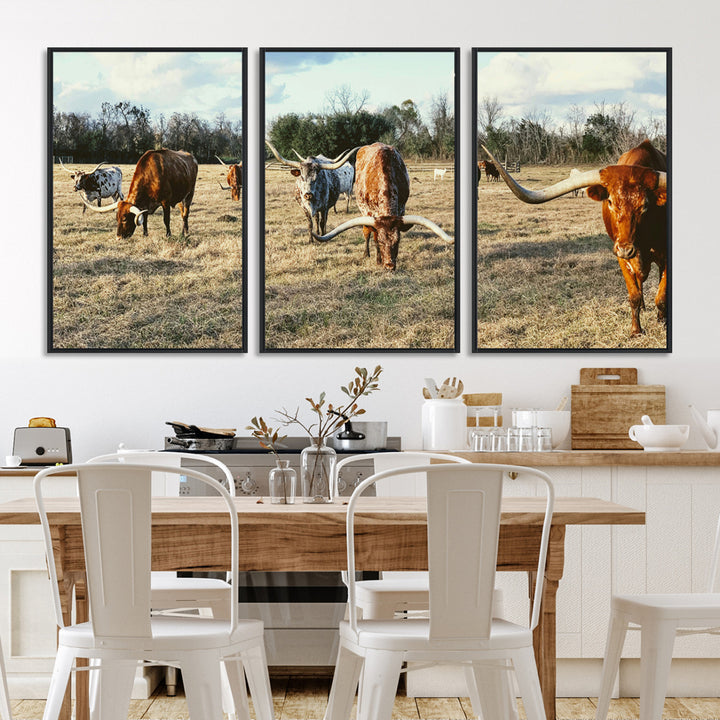 A herd of Texas Longhorn cattle grazing in an open field under a partly cloudy sky, capturing a rustic and Western ranch aesthetic.