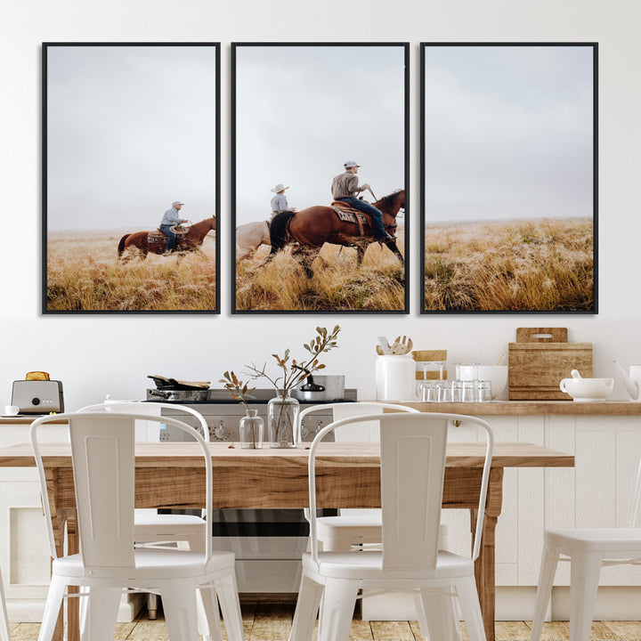 Three cowboys riding horses through a foggy prairie landscape, dressed in Western attire, evoking a rustic and adventurous Wild West aesthetic.