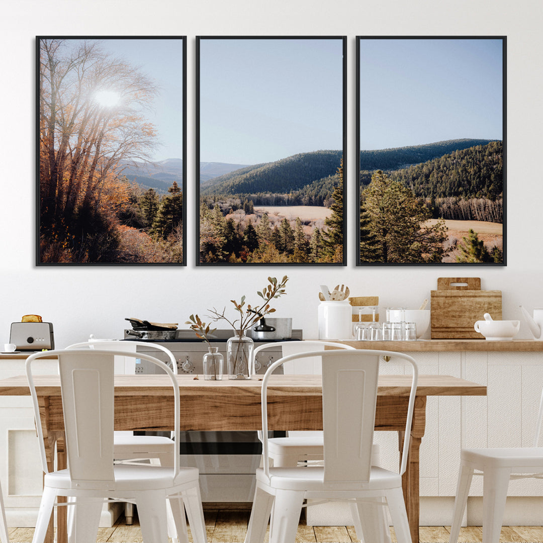 A scenic mountain valley with pine trees and autumn foliage under a clear sky, bathed in golden sunlight, creating a peaceful and rustic landscape.