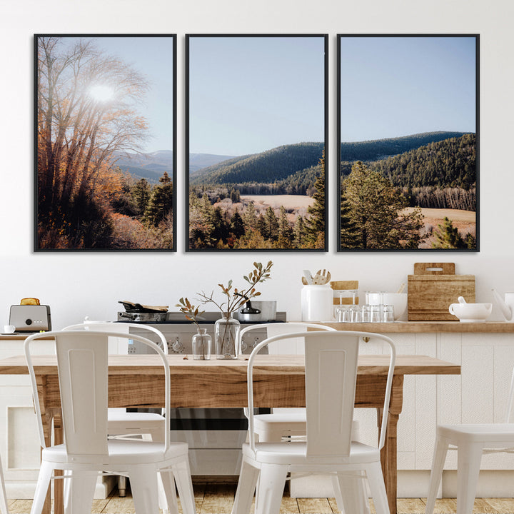 A scenic mountain valley with pine trees and autumn foliage under a clear sky, bathed in golden sunlight, creating a peaceful and rustic landscape.