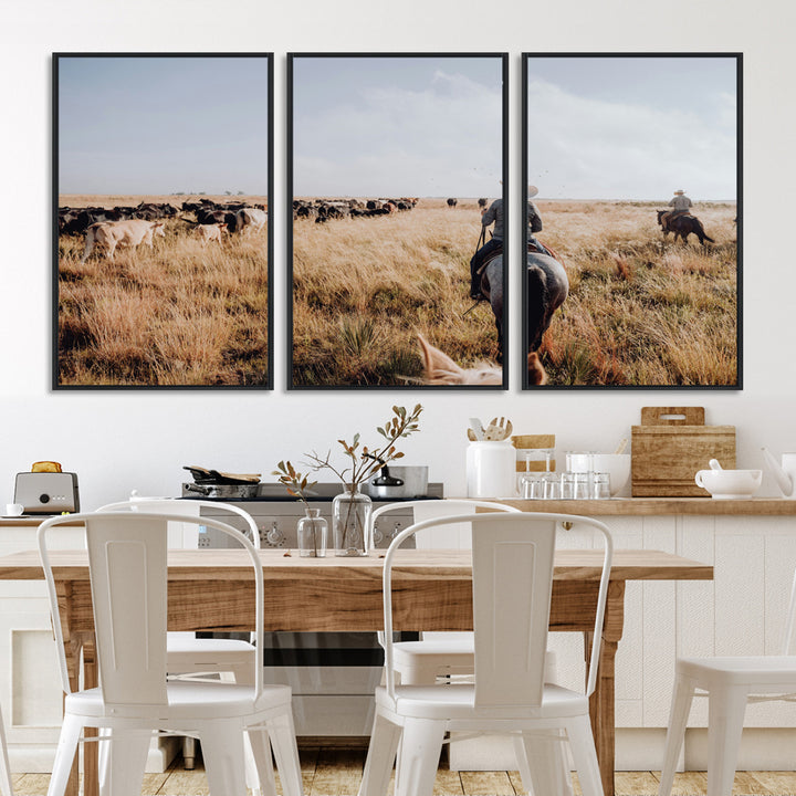 A cowboy and cowgirl on horseback herding cattle through golden grasslands, capturing a rustic and authentic Western ranch lifestyle.