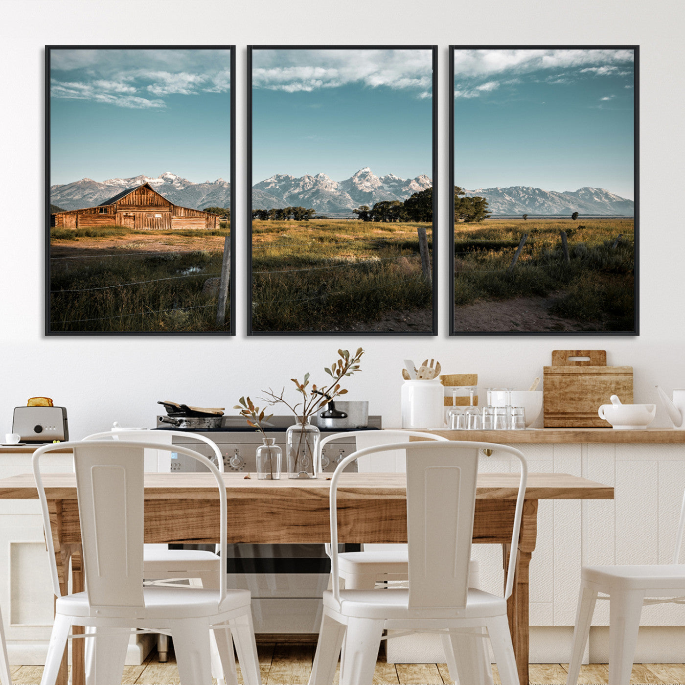 92497443-MGV-FC-60X30-3P-Rustic Farmhouse Wall Art Canvas Print, Framed Mountain Cabin Art Picture Print, Western Landscape Perfect Rustic Farmhouse Decor Artwork