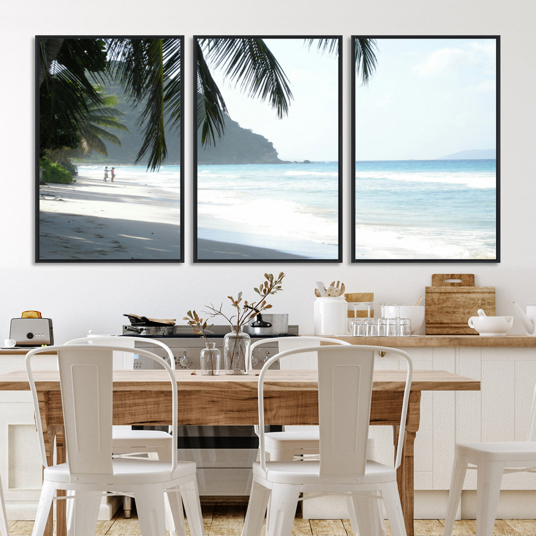 Tropical beach with palm tree shadows, white sand, and turquoise ocean waves, creating a serene and relaxing island escape atmosphere.