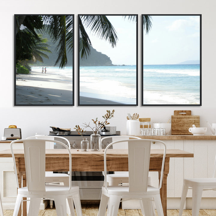 Tropical beach with palm tree shadows, white sand, and turquoise ocean waves, creating a serene and relaxing island escape atmosphere.