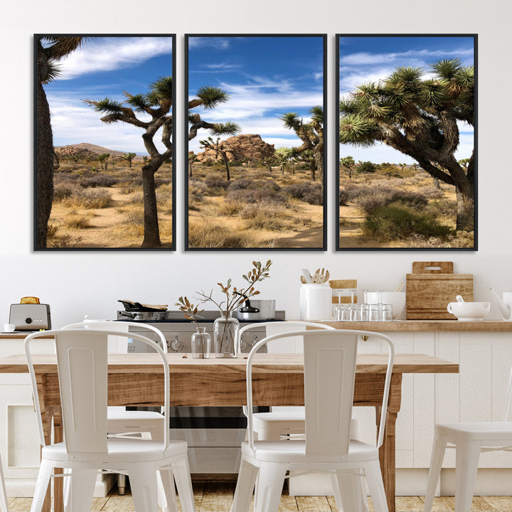 Scenic Joshua Tree landscape with rugged desert terrain, golden dry grass, and a deep blue sky, creating a warm, rustic Southwestern aesthetic.