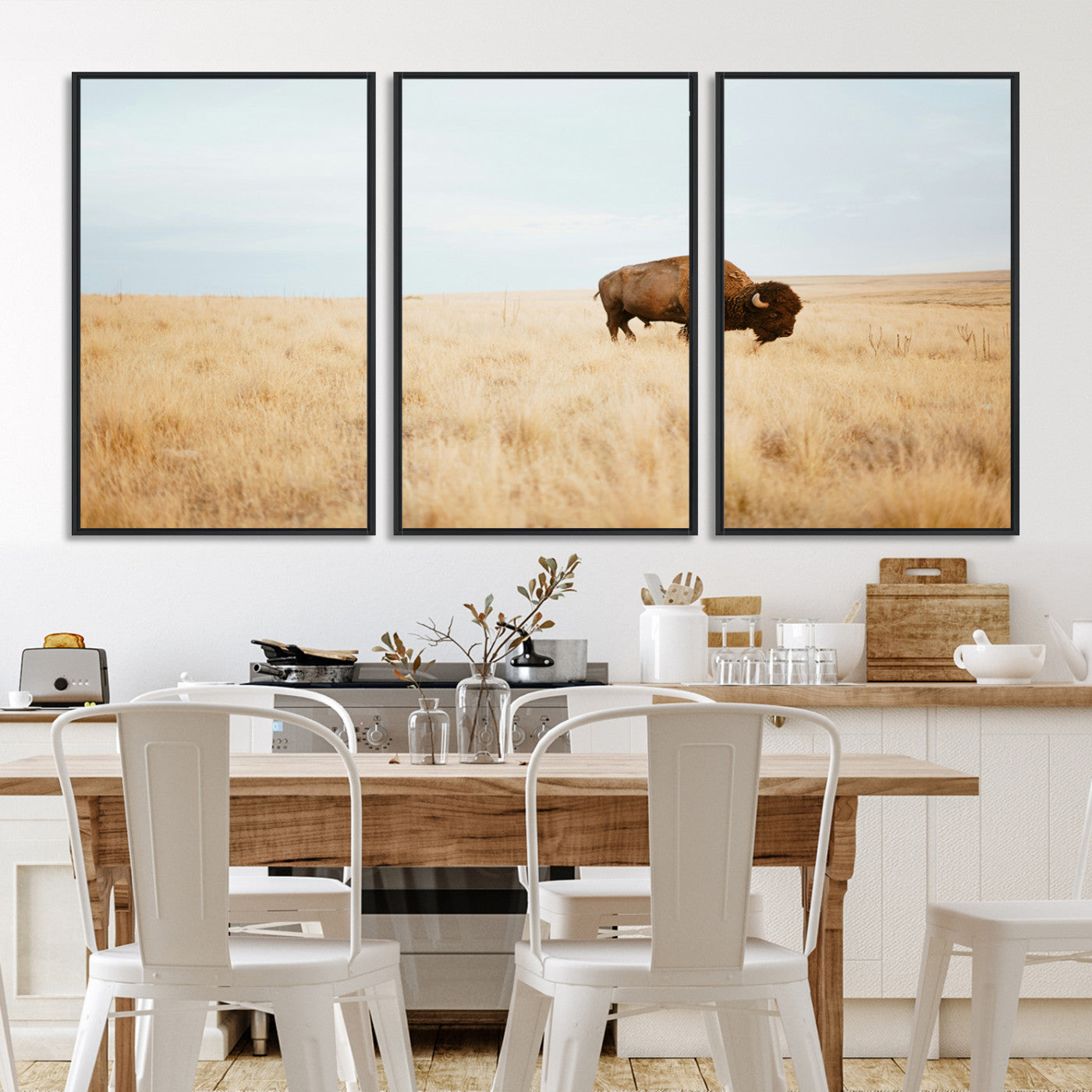 61392510-MGV-FC-60X30-3P-Buffalo Wall Art Canvas Print, Framed Western Wildlife Wall Decor Art Picture Print, Rustic Farmhouse Art Perfect Rustic Western Decor