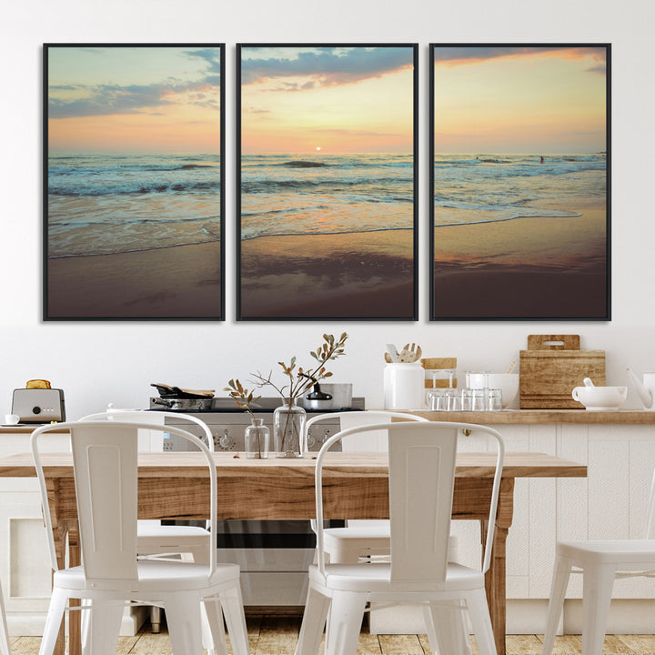 Warm sunset over gentle ocean waves with pastel sky and reflections on wet sand, creating a calm and soothing beach ambiance.