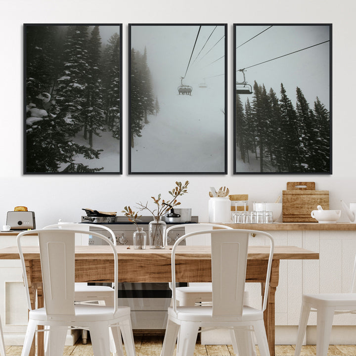 Ski Lift Wall Art Canvas Print, Framed Snowy Pines Art Picture Print, Misty Landscape Perfect Winter Serenity Decor Artwork