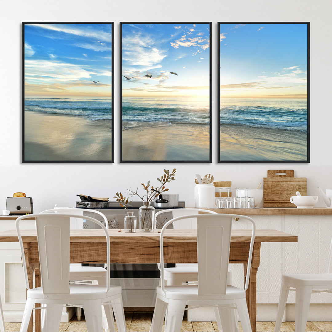 20708696-MGV-FC-60X30-3P_Black-Minimalist Seaside Morning Glow Art Canvas Print, Golden Reflections Perfect Coastal Minimalist Decor Artwork