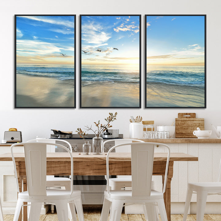 20708696-MGV-FC-60X30-3P_Black-Minimalist Seaside Morning Glow Art Canvas Print, Golden Reflections Perfect Coastal Minimalist Decor Artwork