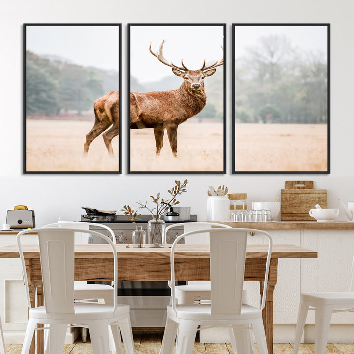 Vintage Wildlife Canvas Print, Framed Misty Landscape Art Picture Print, Deer Wall Art Perfect Rustic Wildlife Decor Artwork