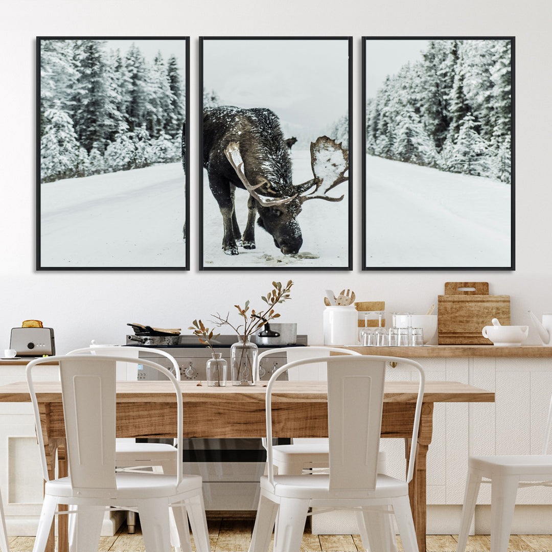 Moose in Snow Wall Art Canvas Print, Framed Winter Wildlife Art Picture Print, Snowy Forest Scene Perfect Rustic Lodge Decor Artwork