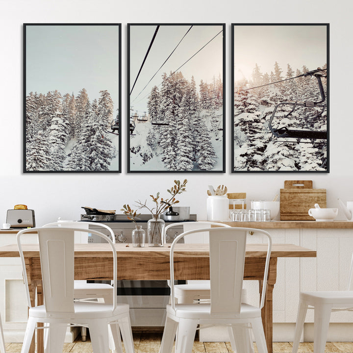 91534512-MGV-FC-60X30-3P_Black-Frosty Pines Wall Art Canvas Print, Framed Cozy Cabin View Art Picture Print, Ski Lift Ride Perfect Rustic Lodge Decor Artwork
