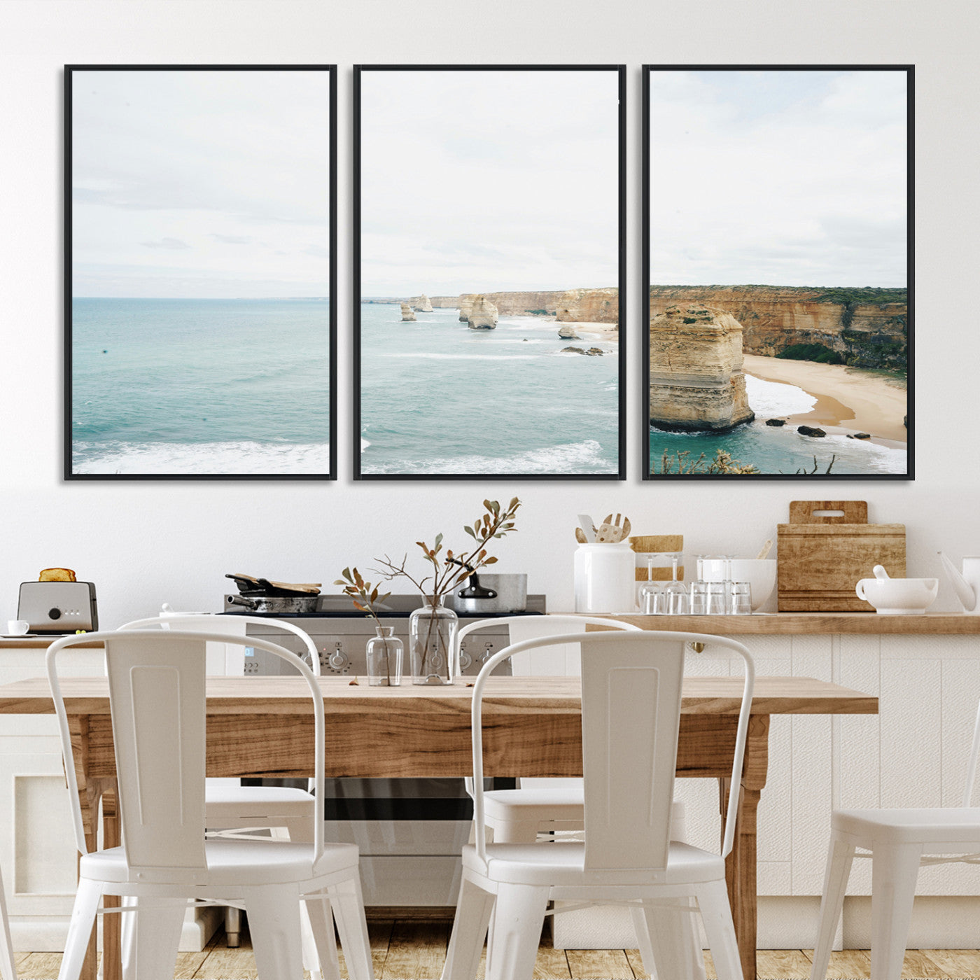 70095633-MGV-FC-60X30-3P_Black-Twelve Apostles Wall Art Canvas Print, Framed Coastal Cliffs Art Picture Print, Rugged Rock Formations Perfect Minimalist Coastal Decor