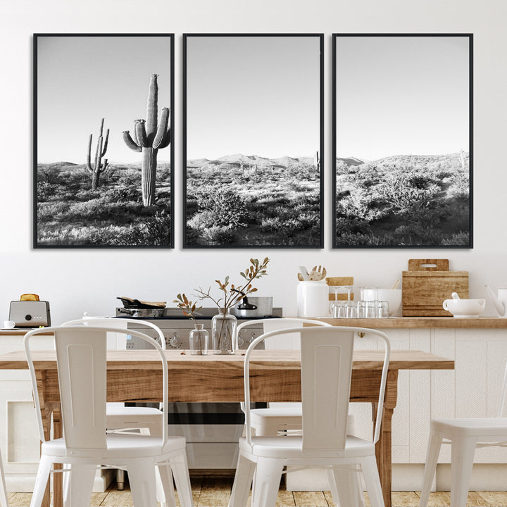 Saguaro Cactus Wall Art Canvas Print, Monochrome Landscape Print, Framed Scenic Arizona Art Print, Large Timeless Western Aesthetic Printing