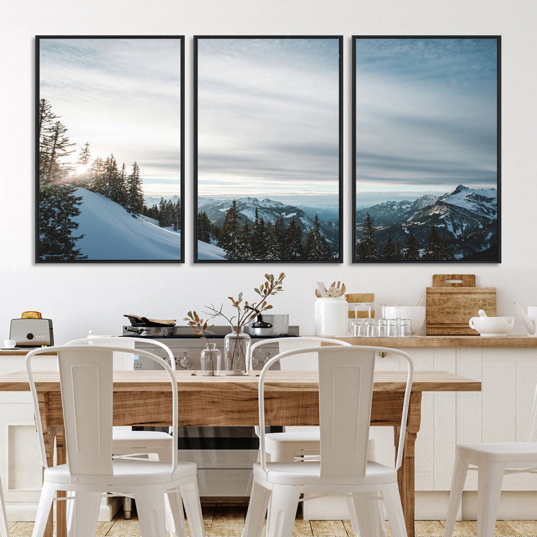 A breathtaking view of snow-covered mountains with evergreen trees and soft sunlight peeking through, creating a serene and peaceful winter scene.