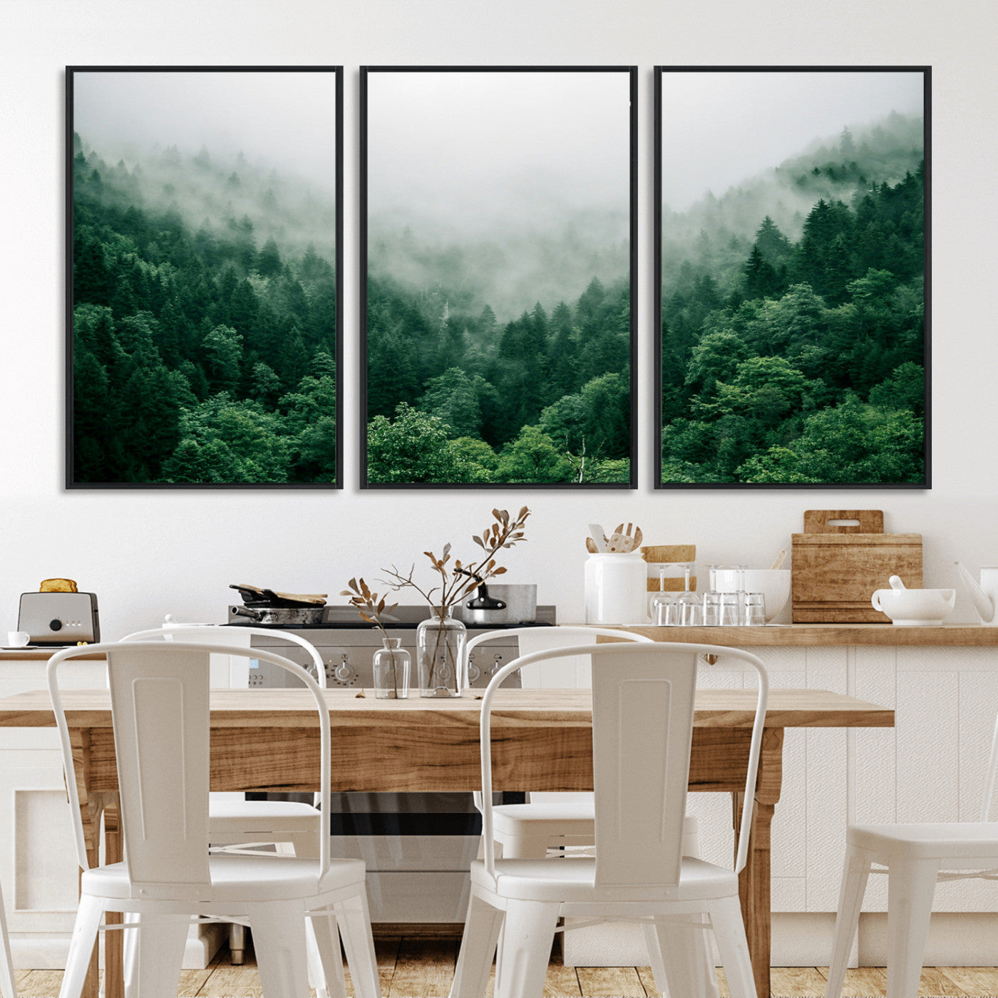 MGV-FC-60X30-3P - Misty Green Forest Canvas Print – Serene Foggy Pine Landscape Wall Art, Tranquil Nature Decor for