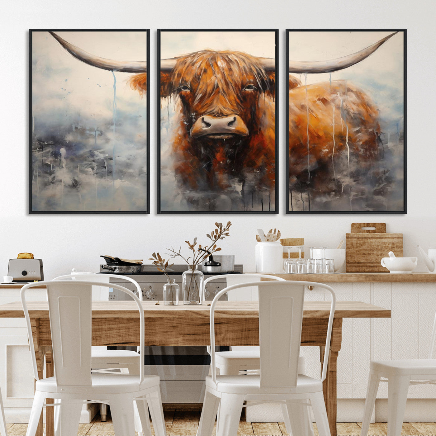 MGV-FC-60X30-3P - Scottish Highland Wall Art Canvas Print, Framed Longhorn Art Picture Print, Western Cow Perfect Farmhouse Decor Artwork