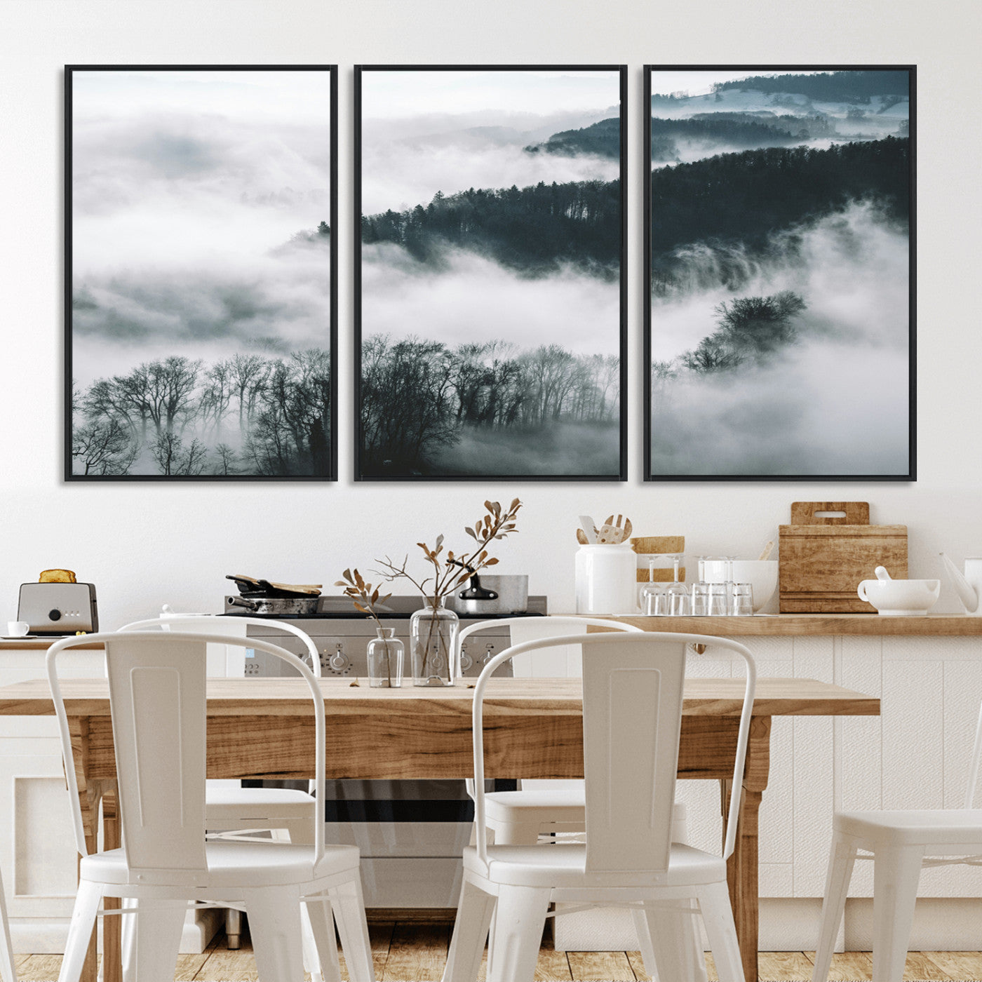 67569654-MGV-FC-60X30-3P_Black-Foggy Forest Landscape Wall Art Canvas Print – Misty Mountain Valley Scene in Monochrome Tones, Perfect for Minimalist or Nordic Home Decor