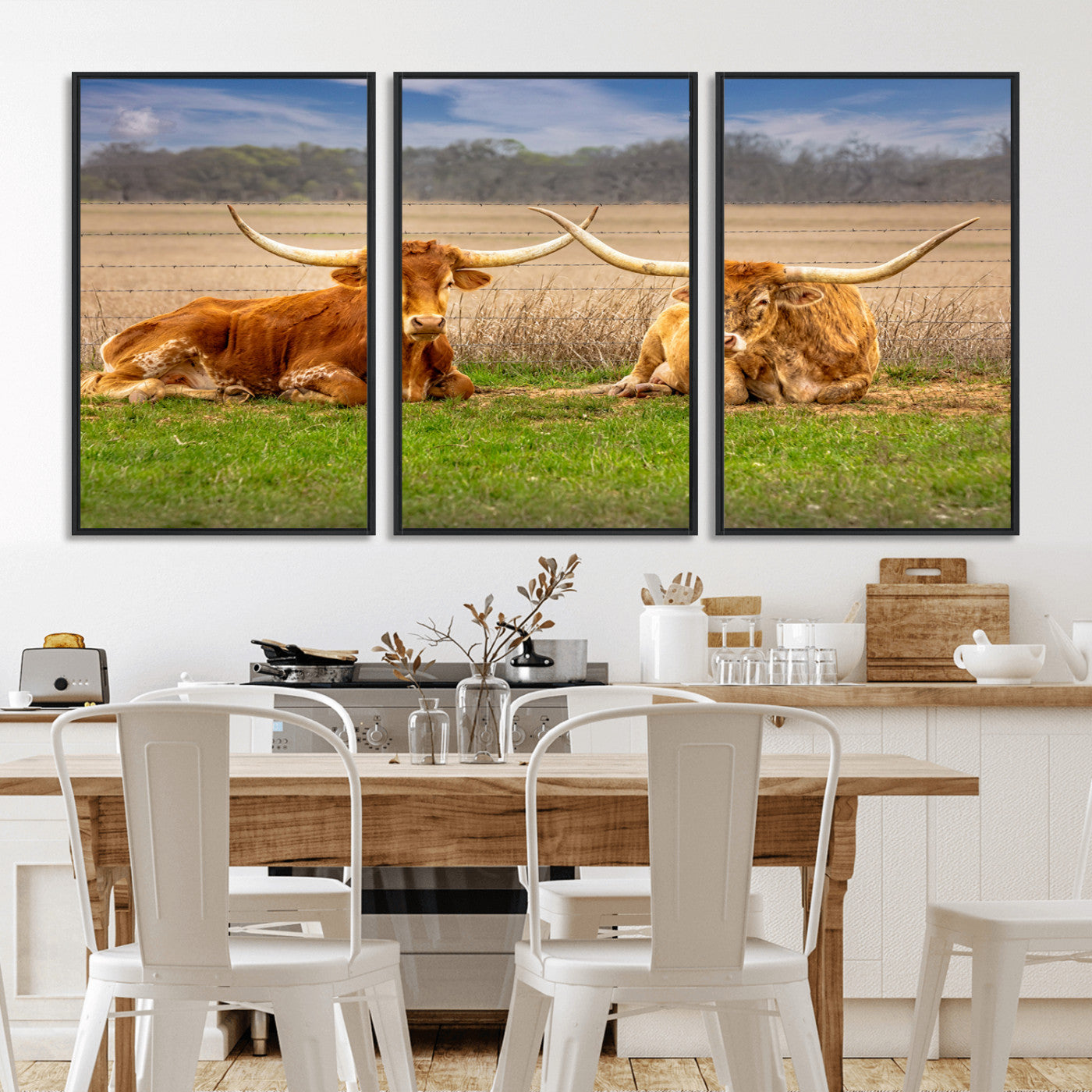 MGV-FC-60X30-3P - Texas Longhorn Pair Wall Art Canvas Print – Peaceful Rustic Ranch Scene with Two Cattle in Field,