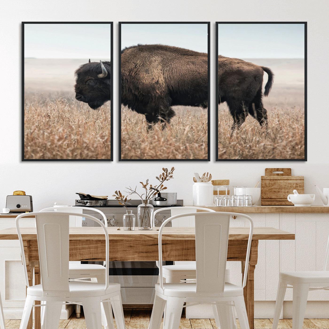 MGV-FC-60X30-3P - American Bison in Field  Wall Art Canvas Print – Powerful Winter Wildlife Scene with Buffalo in