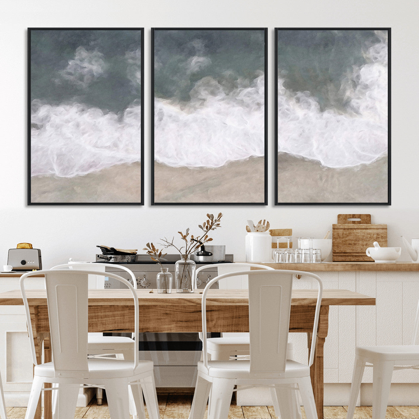 Wall art canvas print featuring foamy ocean waves softly rolling onto a sandy shore with a dreamy, painterly texture.