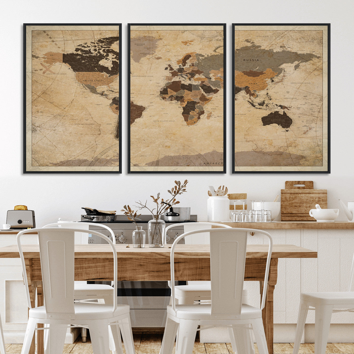 Vintage-style world map with muted brown, beige, and sepia tones, showing countries and continents with a weathered paper texture background.
