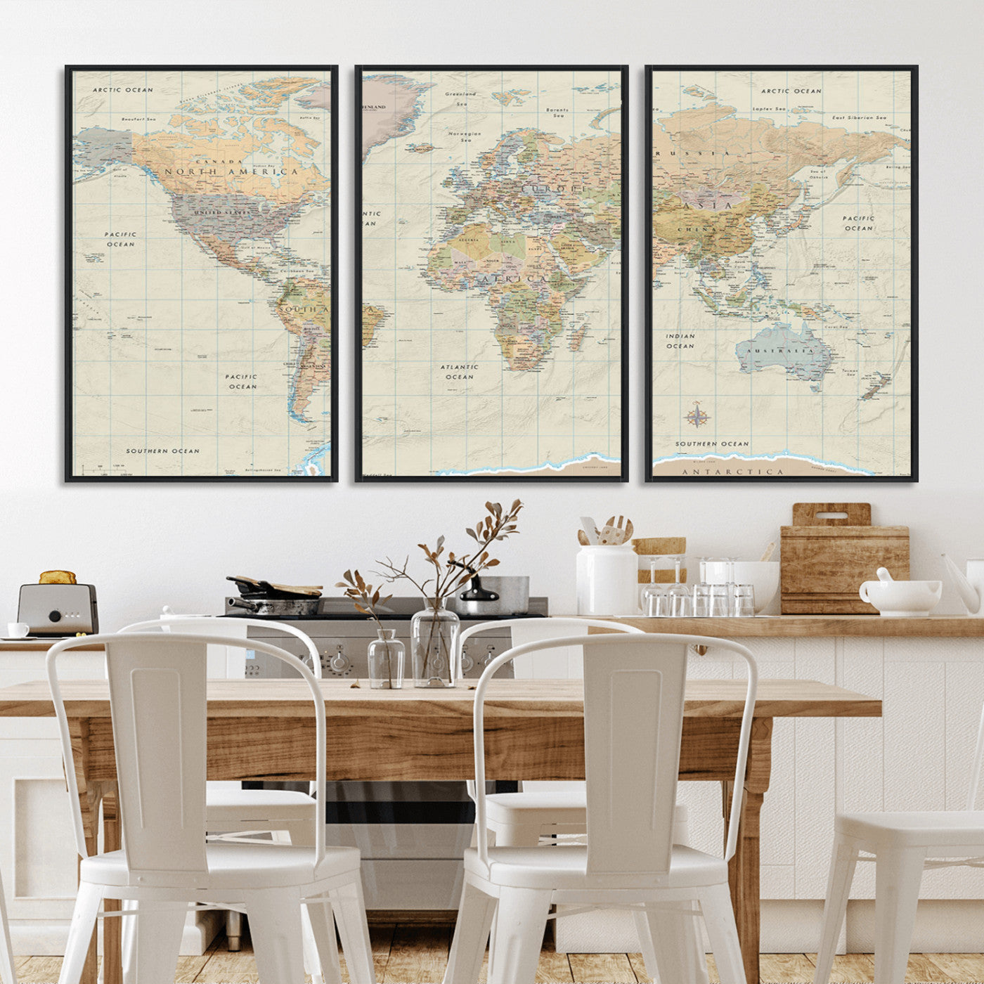 A detailed vintage-style political world map displaying continents, countries, and oceans with clear borders and labels, set on a beige textured background with grid lines.