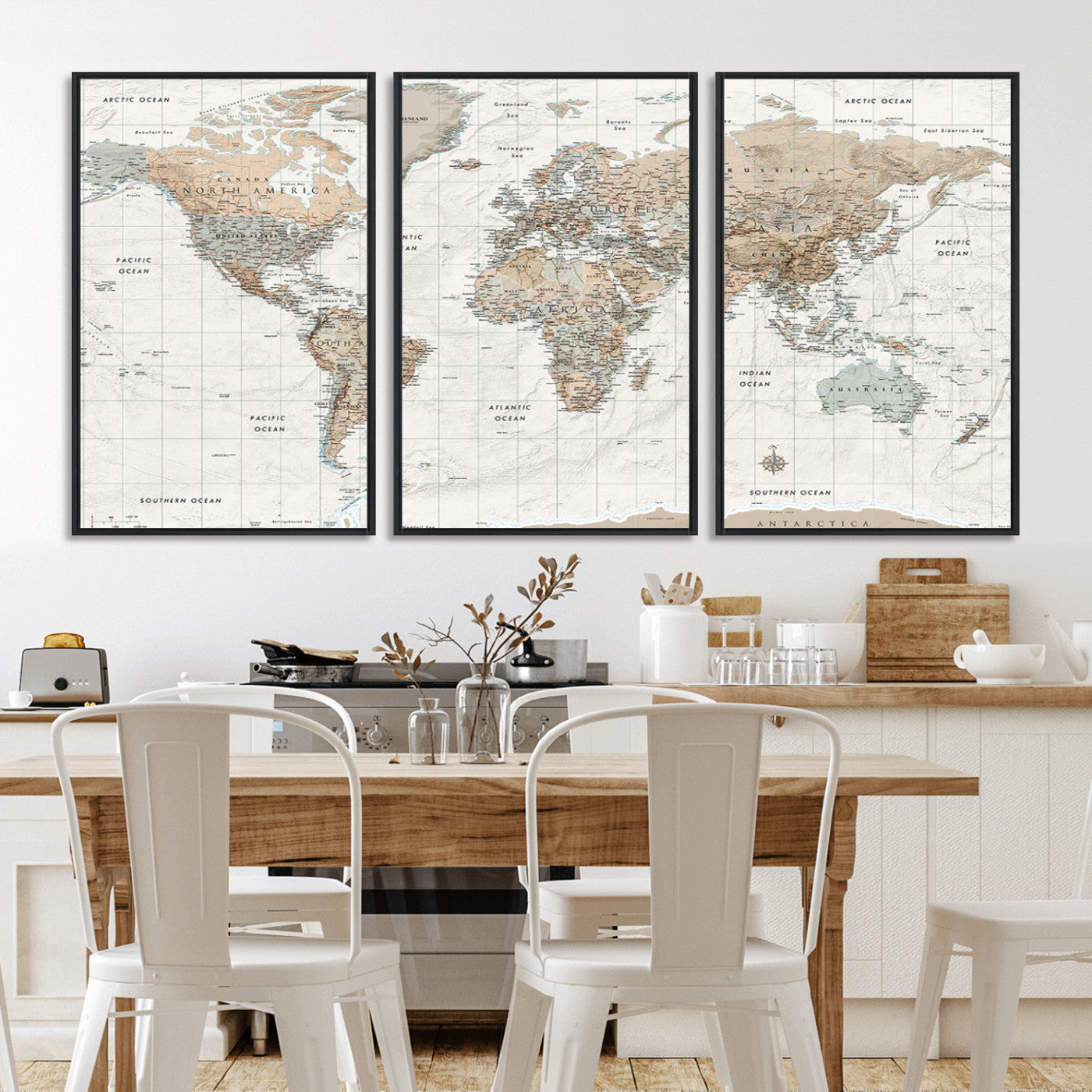 Vintage world map with detailed country borders and labels, featuring soft earthy tones of beige, brown, and gray on a textured parchment background, including oceans, continents, and major cities.