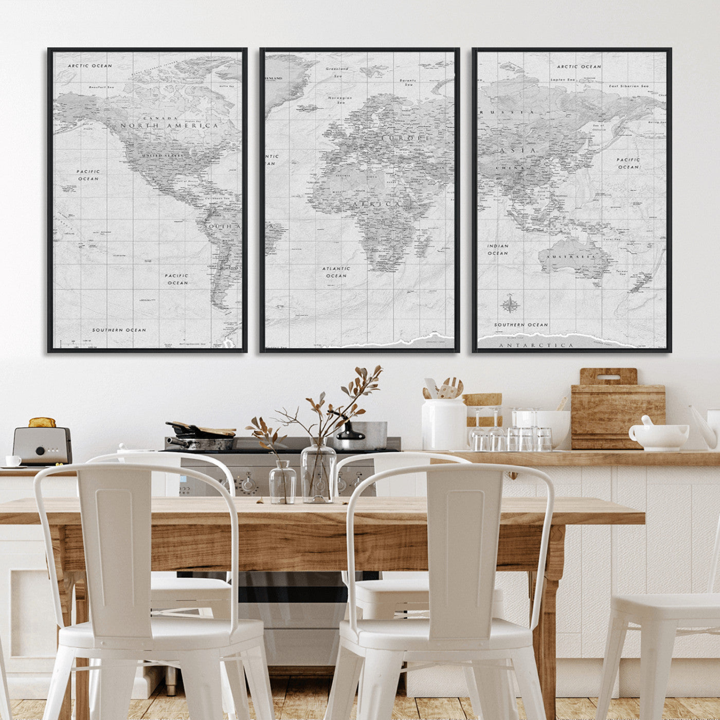 Grayscale vintage world map with detailed country borders, oceans, continents, and major cities on a textured parchment background.