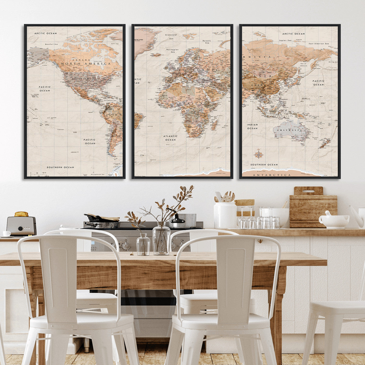 Detailed vintage world map with warm earth tones showing country borders, oceans, continents, and major cities, styled with a textured parchment background.