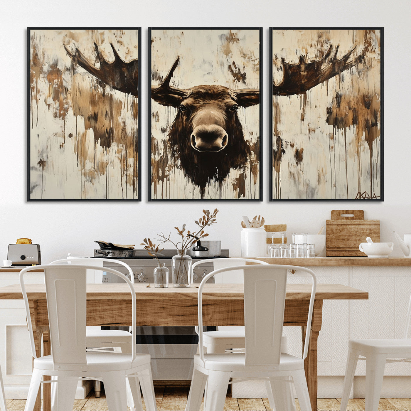 Expressive painting of a moose head with wide antlers in dark brown and beige tones, featuring paint drips and splatters on a light textured background, creating a striking rustic wall art canvas.